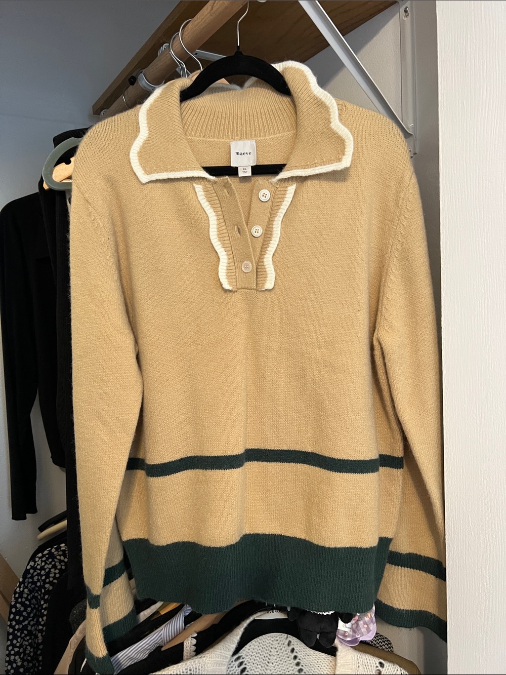 Anthropologie Cream Sweater with Dark Green Trim - Picture 3 of 6